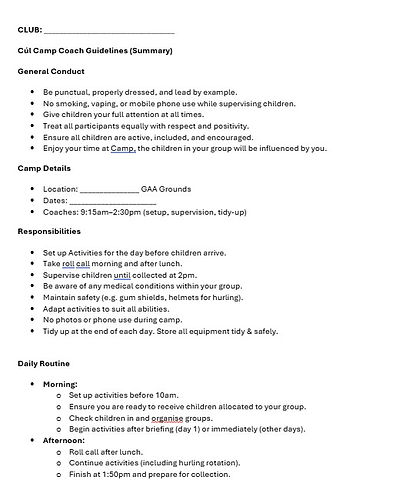 Camp Guidelines for Coaches