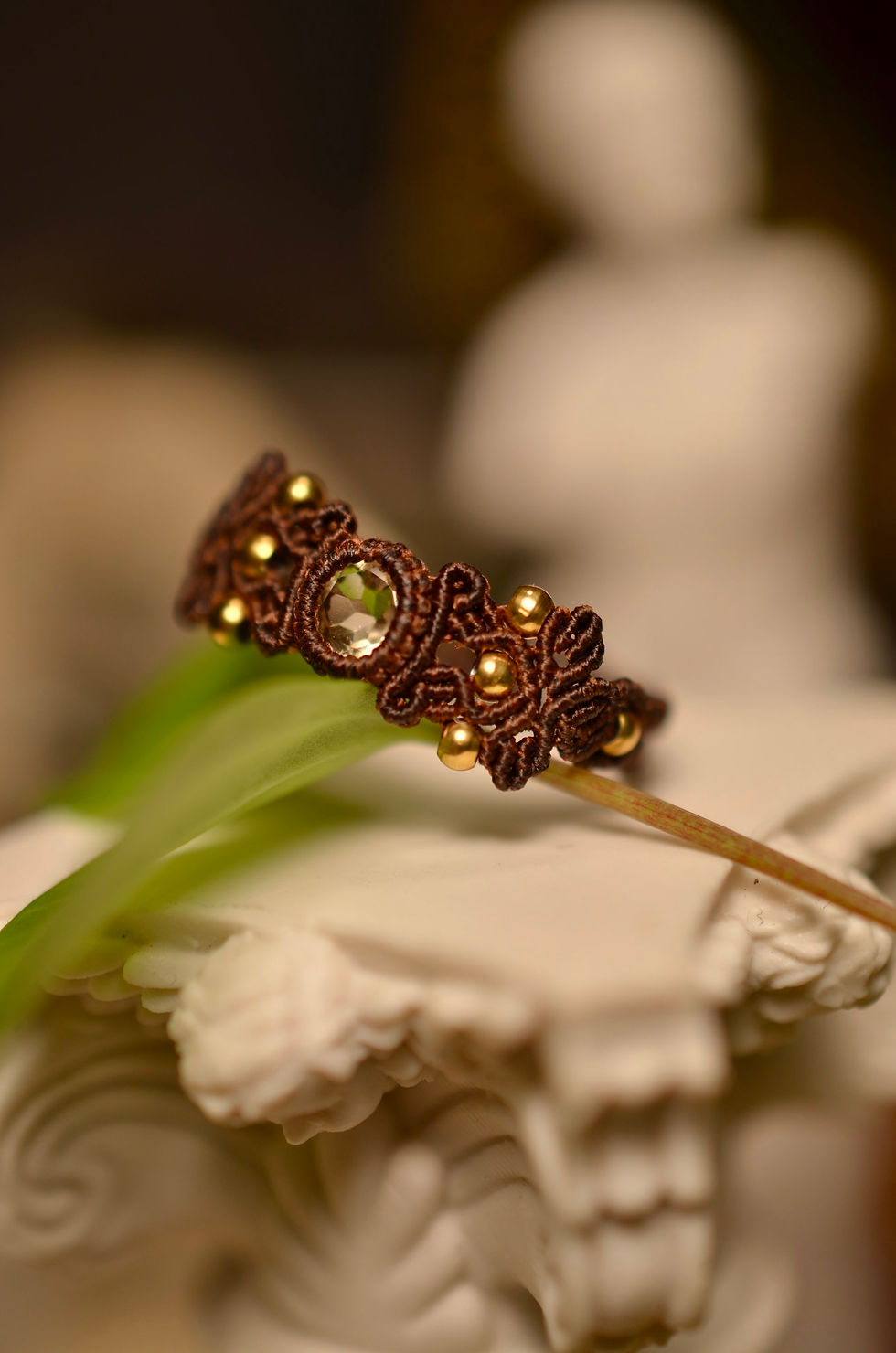 Miniature : Bague en macramé petites feuilles Citrine, Quartz fume, Labradorite