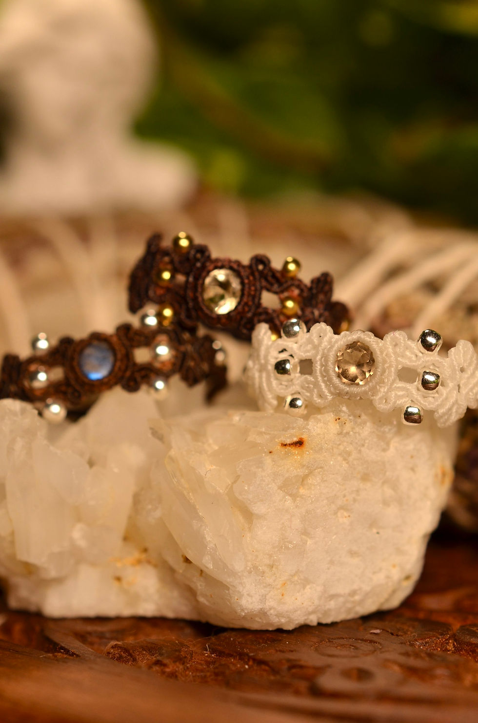 Miniature : Bague en macramé petites feuilles Citrine, Quartz fume, Labradorite