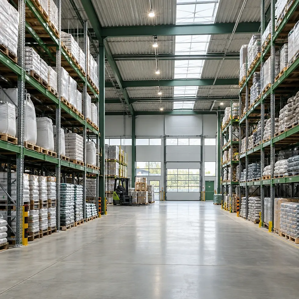 Studio photography of a brightly lit industrial warehouse with tall, organized shelving units stocked with goods. The vast, clean interior provides a sense of efficiency and scale.