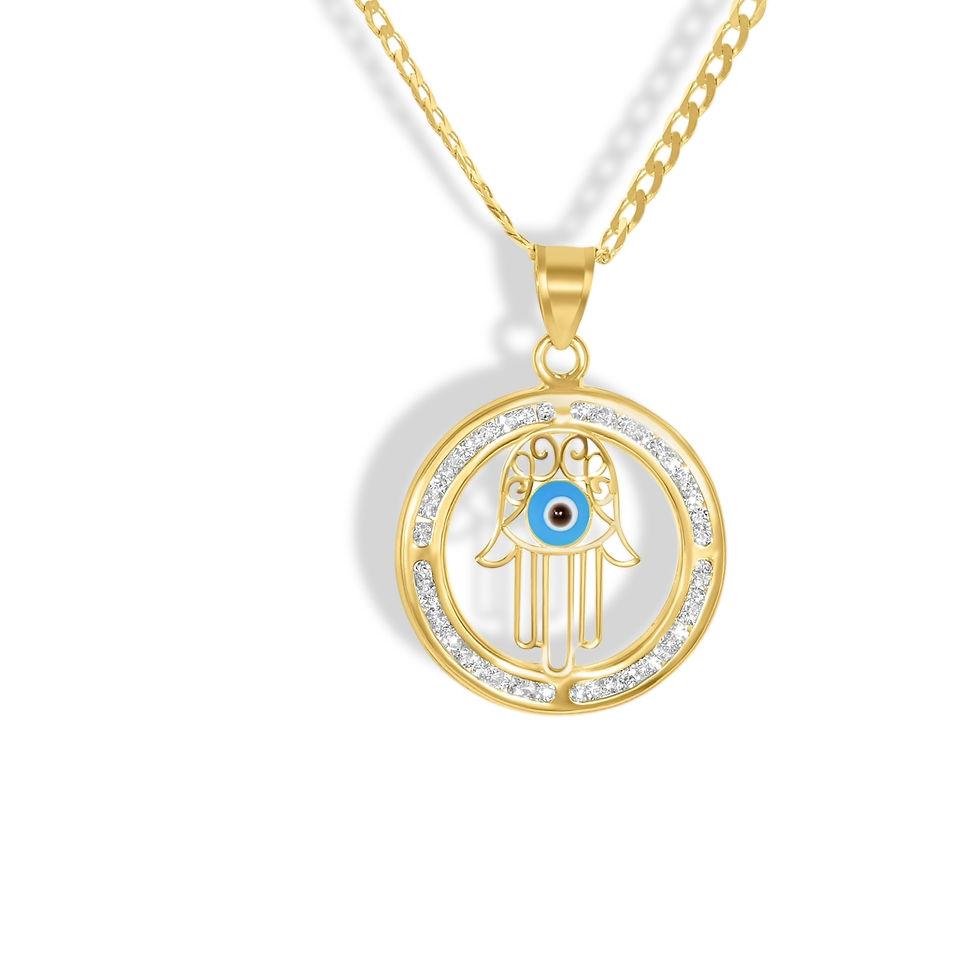 Thumbnail: Blue Enamel CZ Hamsa Hand Pendant Necklace in 14K Yellow Gold