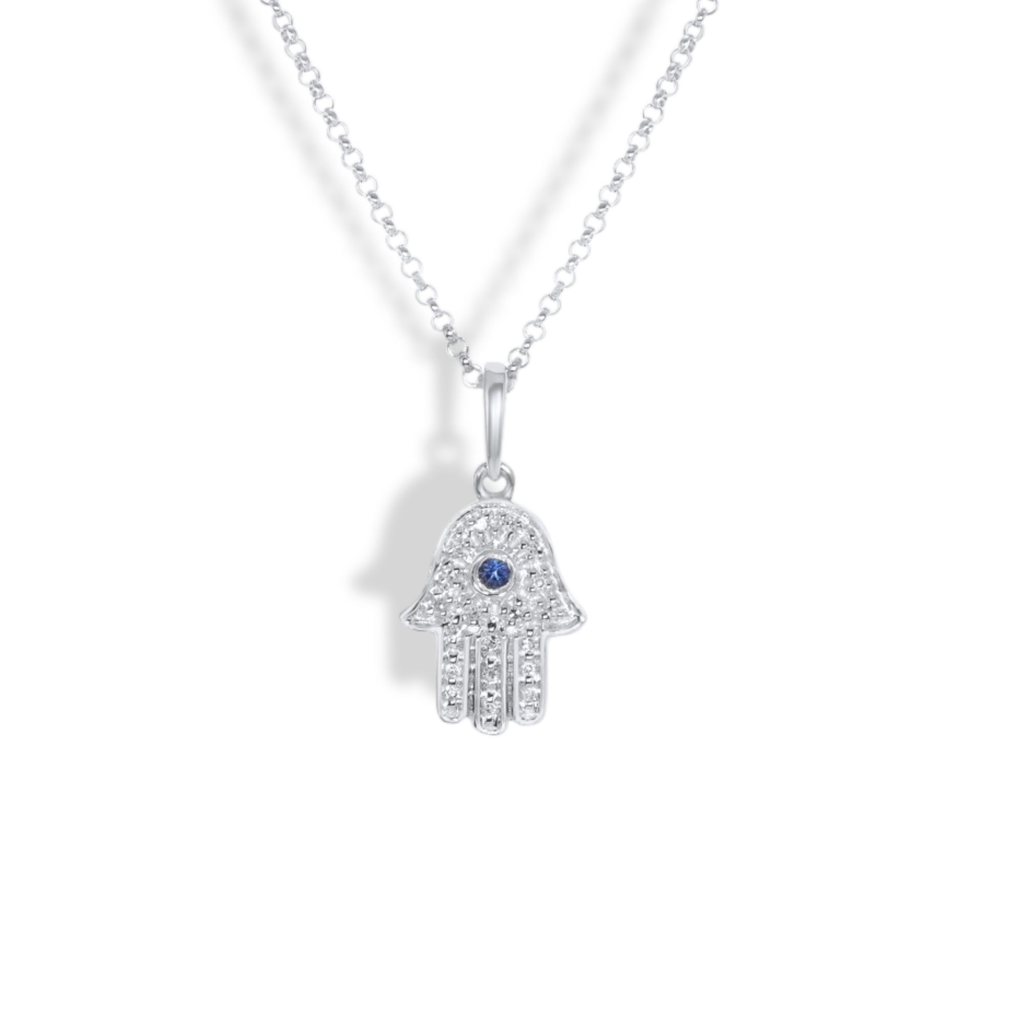 14K WHITE GOLD SAPPHIRE AND DIAMOND HAMSA NECKLACE