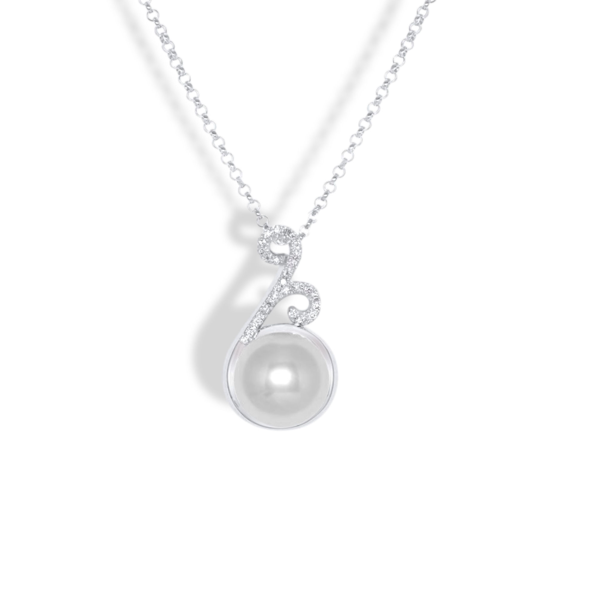14K WHITE GOLD FASHION PEARL AND DIAMOND NECKLACE