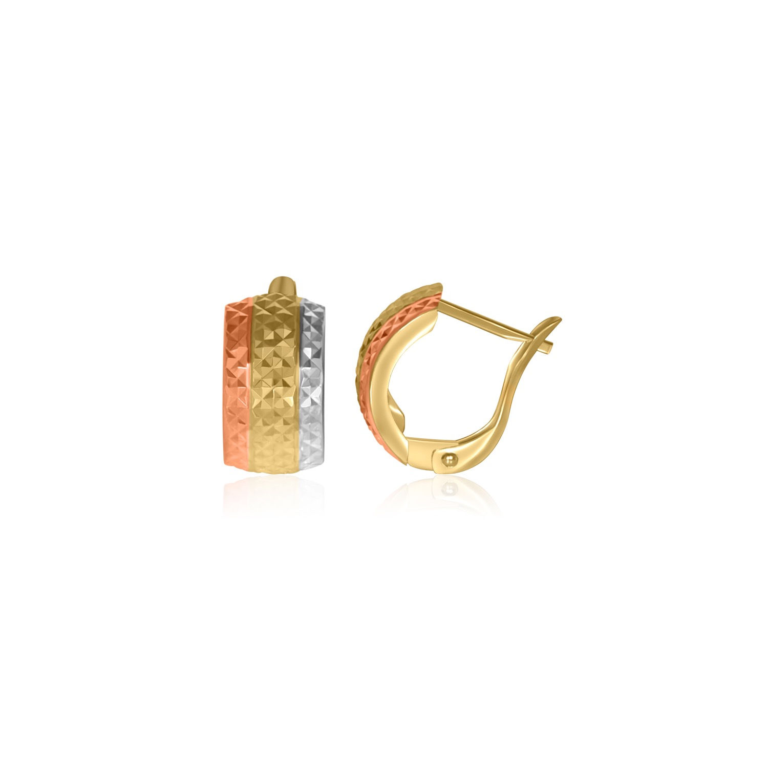 ITALIAN 14K TRI COLOR GOLD SHIELD HOOP EARRINGS
