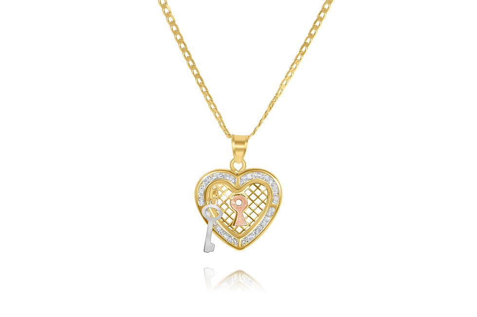 14K SOLID THREE TONE GOLD CZ KEY TO MY HEART PENDANT NECKLACE