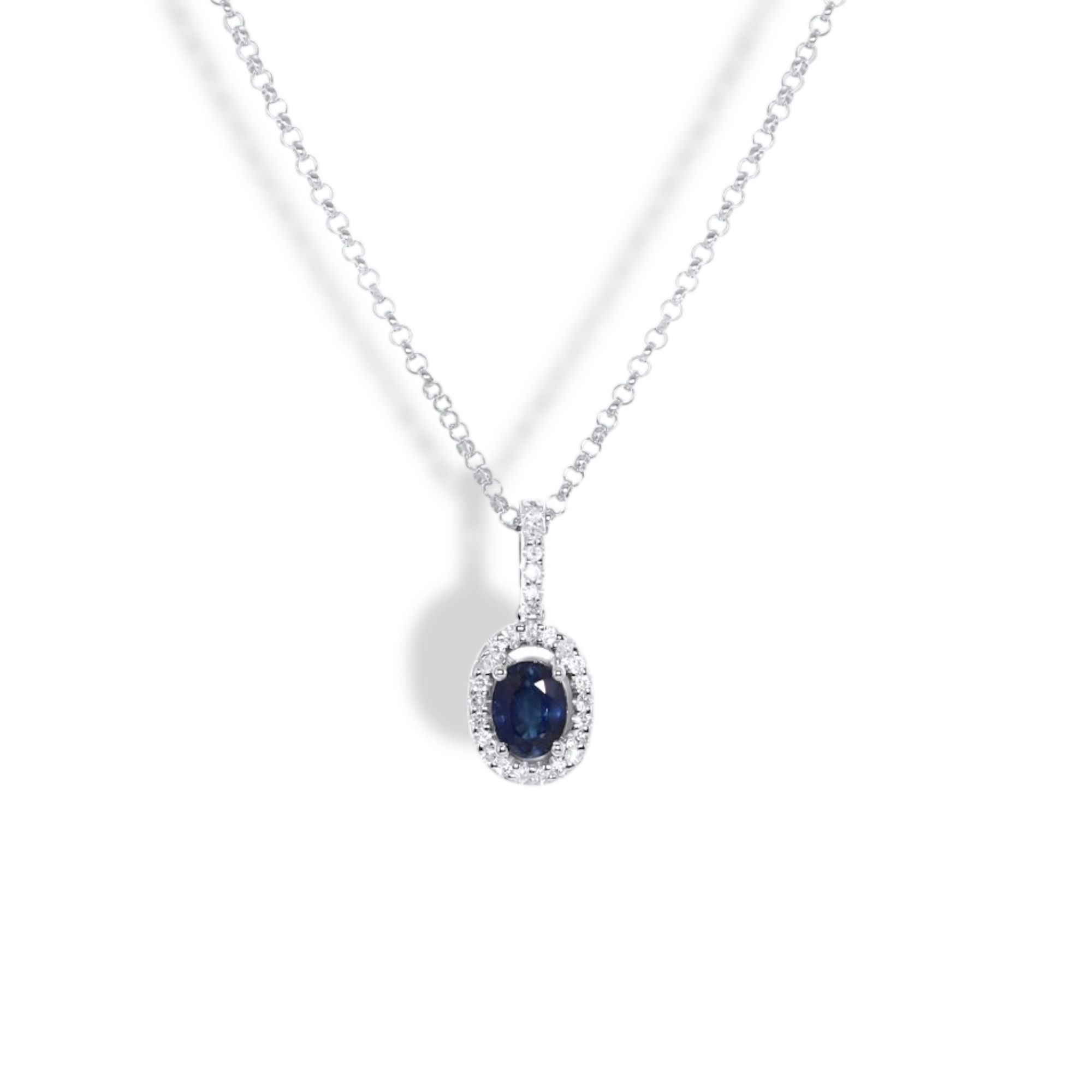 14K WHITE GOLD CLASSIC PEAR PRONG SAPPHIRE AND DIAMOND NECKLACE