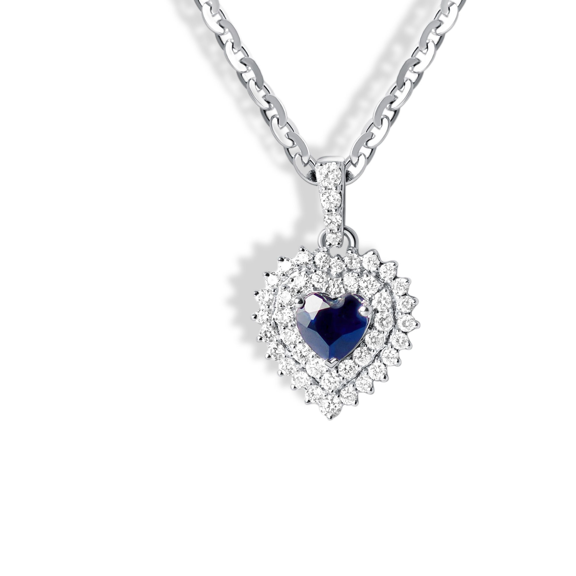 14K White Gold Diamond and Sapphire Heart Pendant Necklace