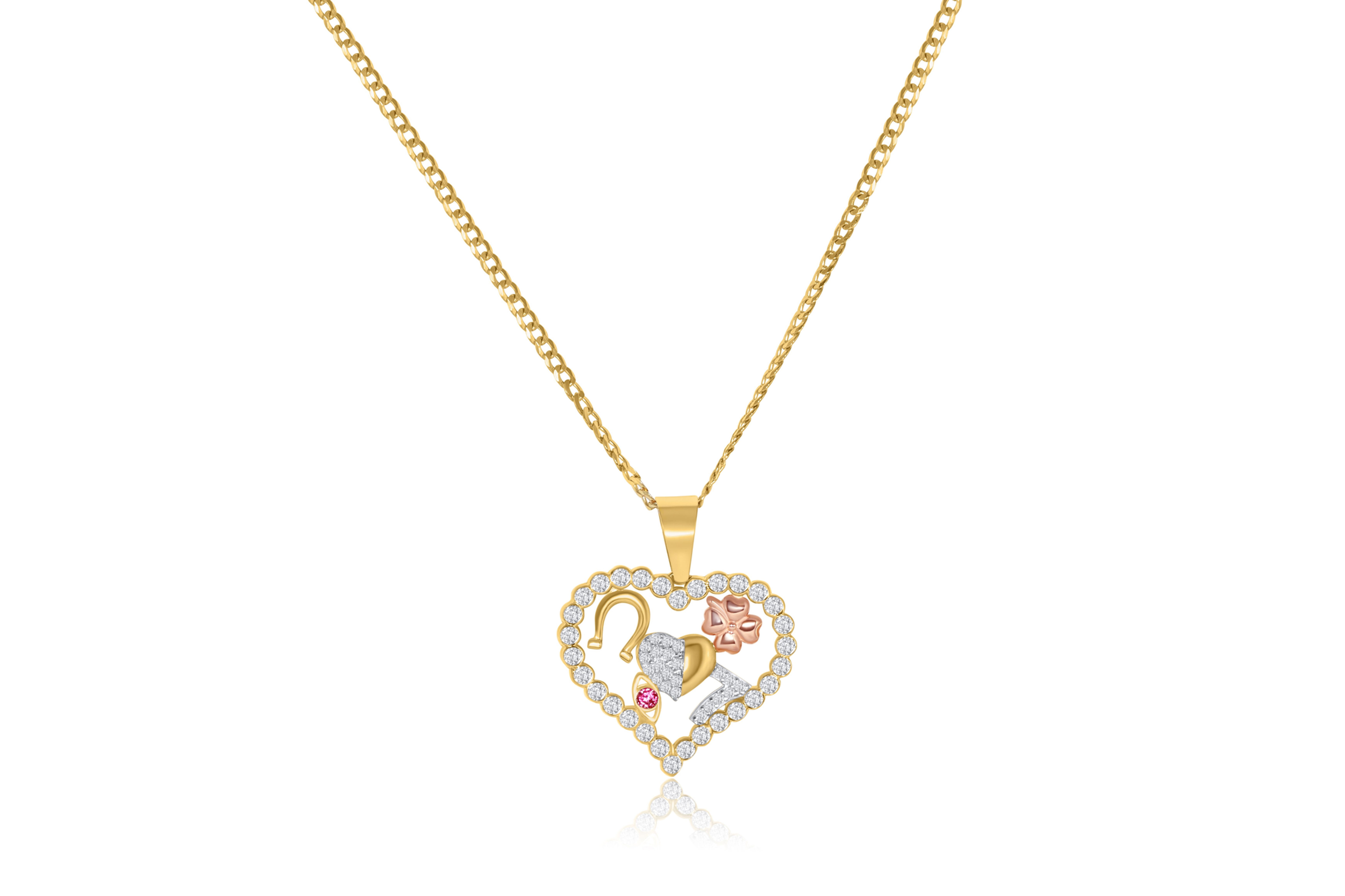 10K TWO TONE GOLD CZ LUCKY CHARM PENDANT NECKLACE