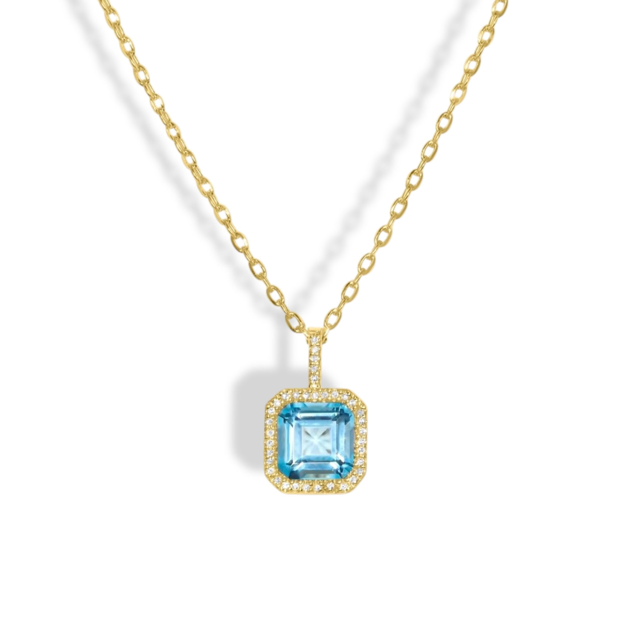 14K YELLOW GOLD SQUARE PONG BLUE TOPAZ AND DIAMOND NECKLACE.