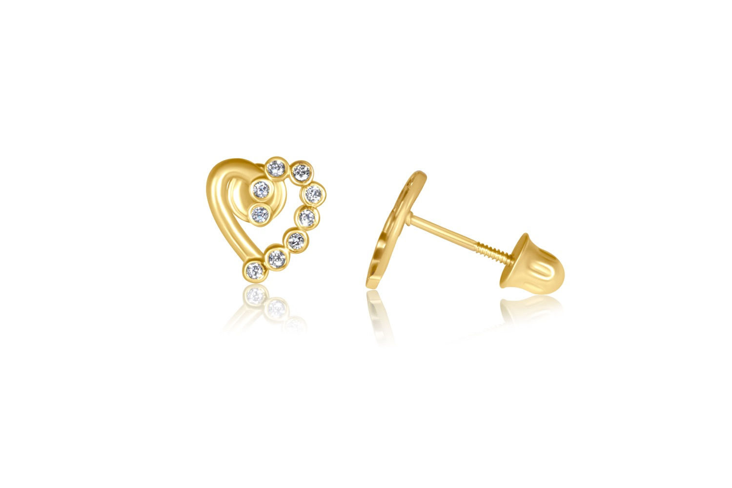 14K YELLOW GOLD HEART WITH CUBIC ZIRCONIA STUD EARRINGS