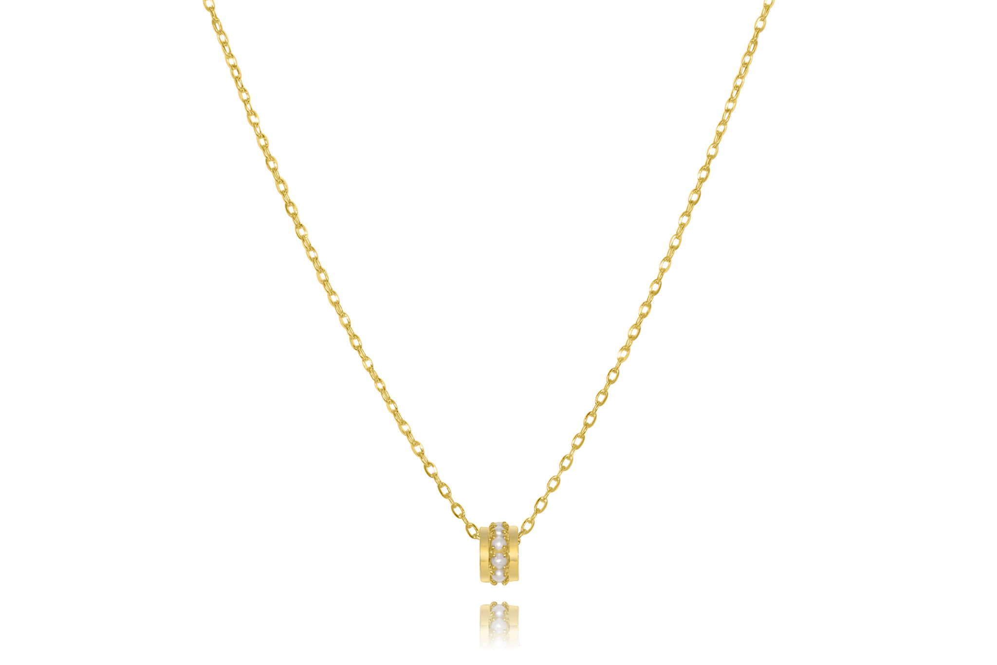 14K YELLOW GOLD RONDEL ROUND PRONG PEARL NECKLACE