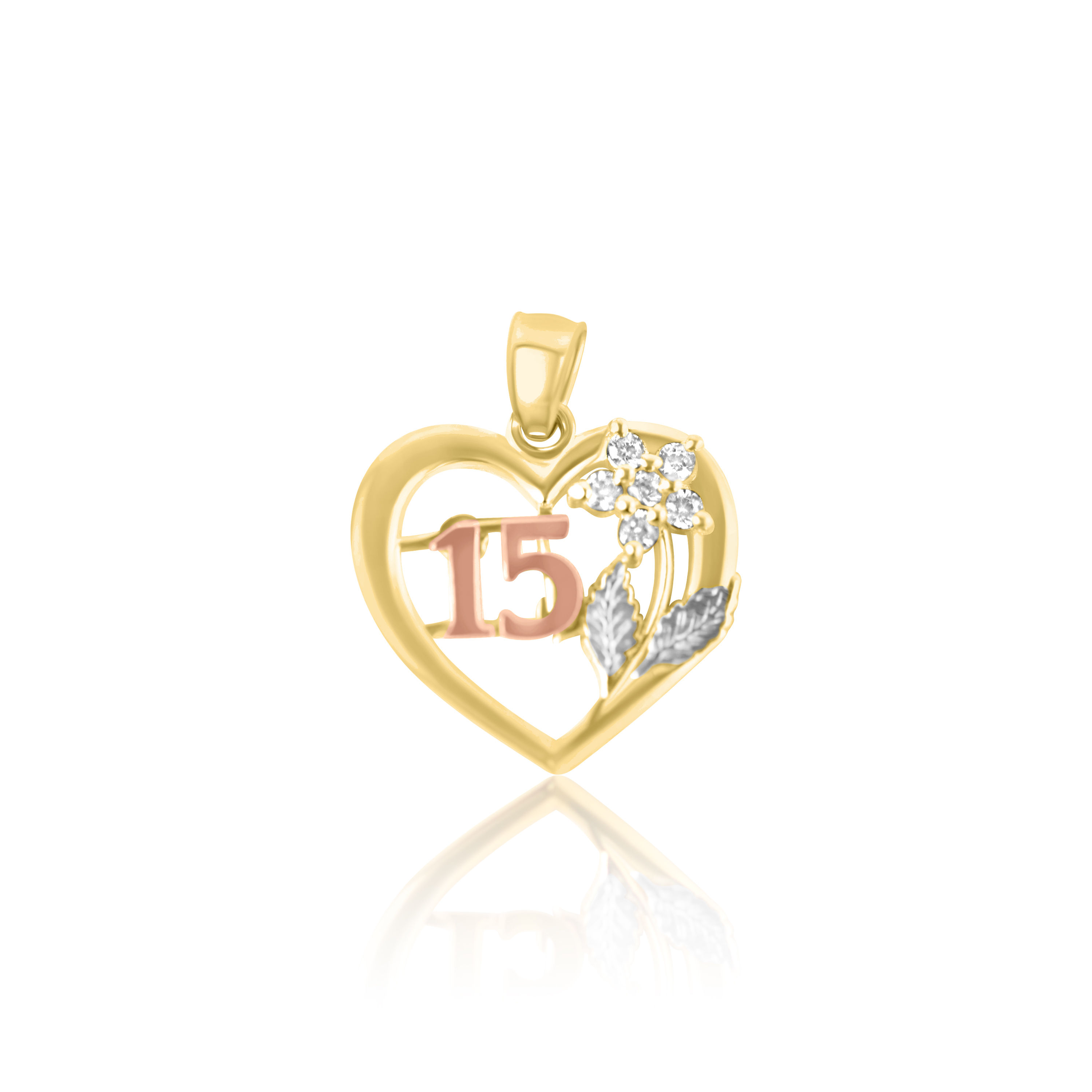 14K Three-Tone Gold Quinceañera Heart Pendant