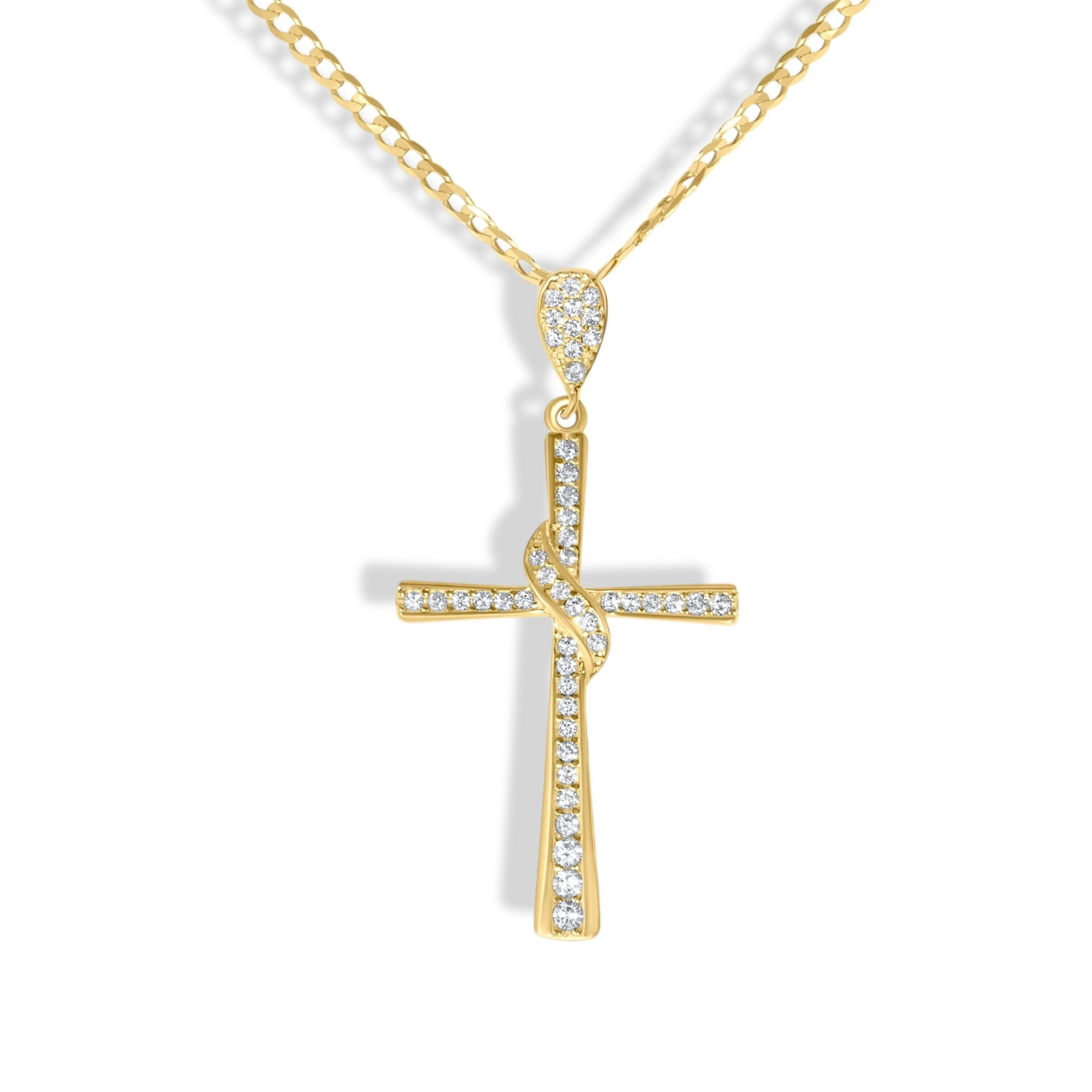 14K YELLOW GOLD CZ CROSS PENDANT NECKLACE