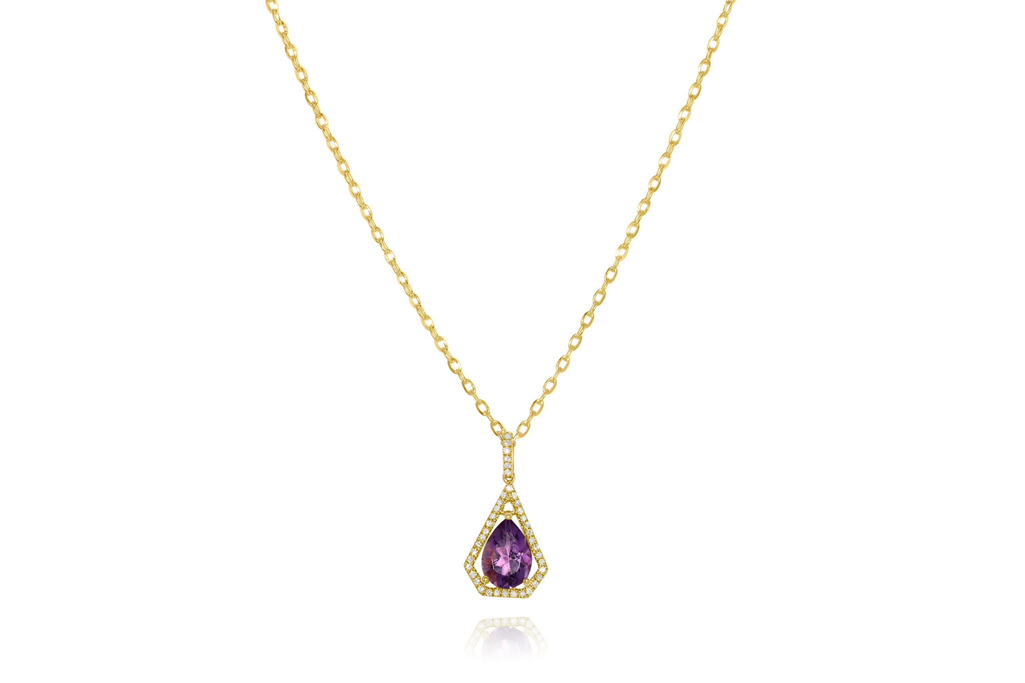 14K YELLOW GOLD FASHION PEAR PRONG AMETHYST AND DIAMOND NECKLACE.