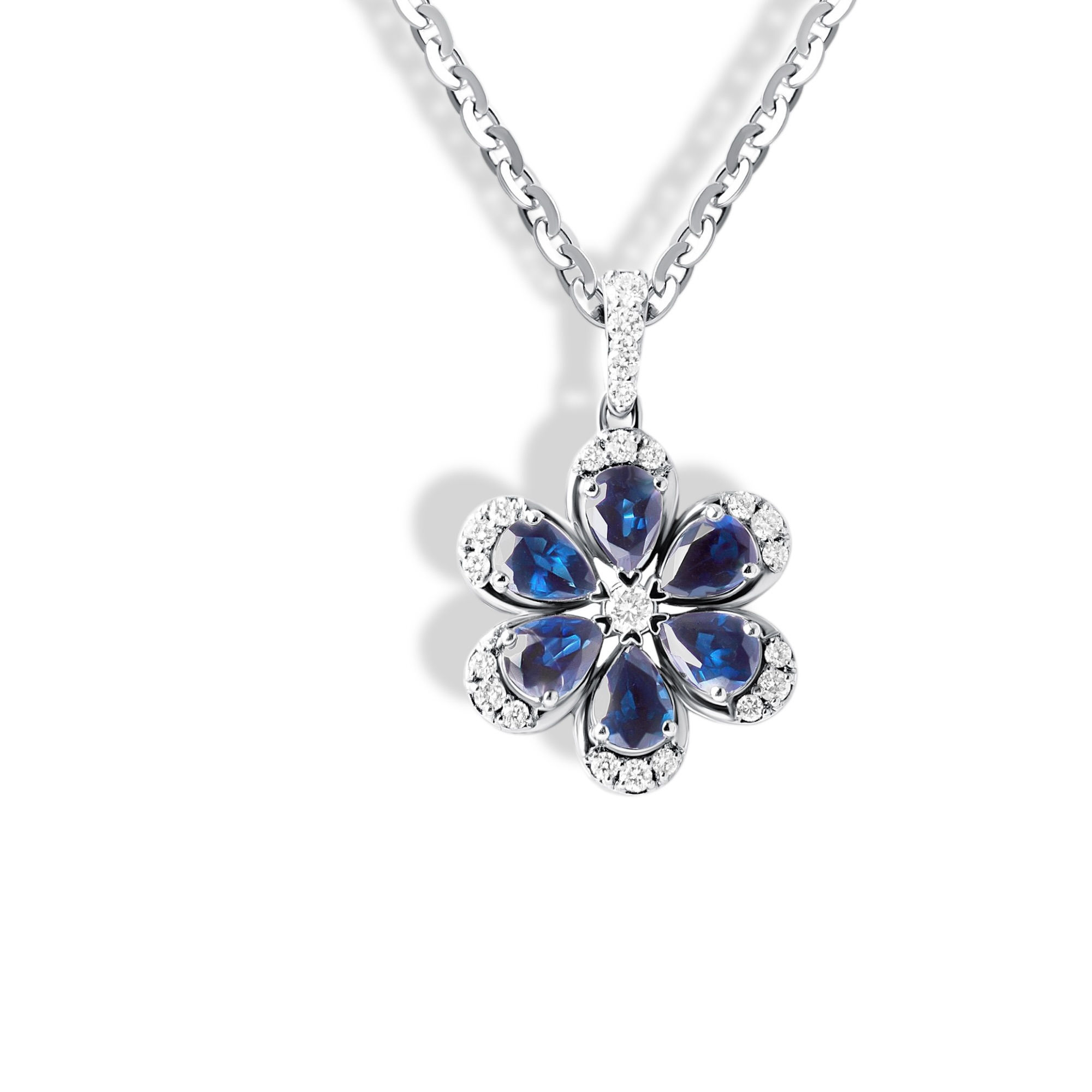 14K White Gold Diamond and Sapphire Flower Pendant Necklace