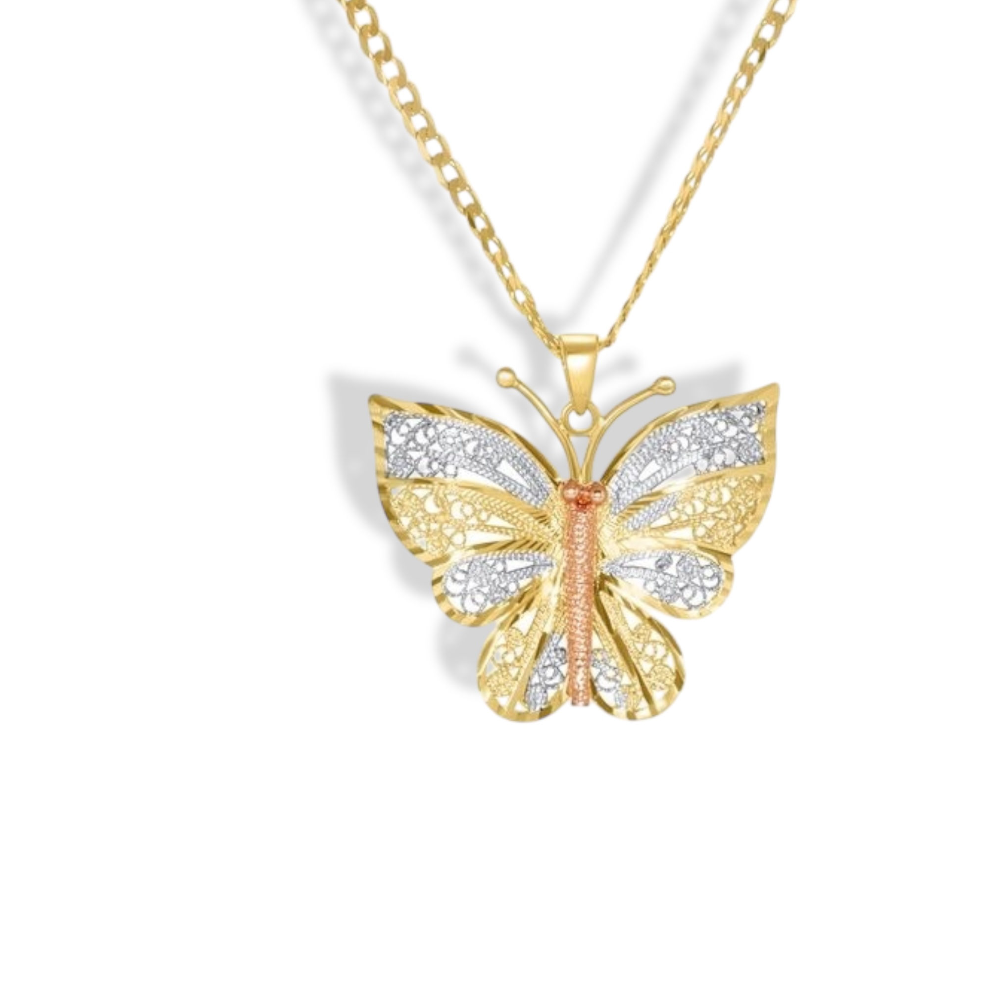 14K GOLD THREE TONE BUTTERFLY PENDANT NECKLACE