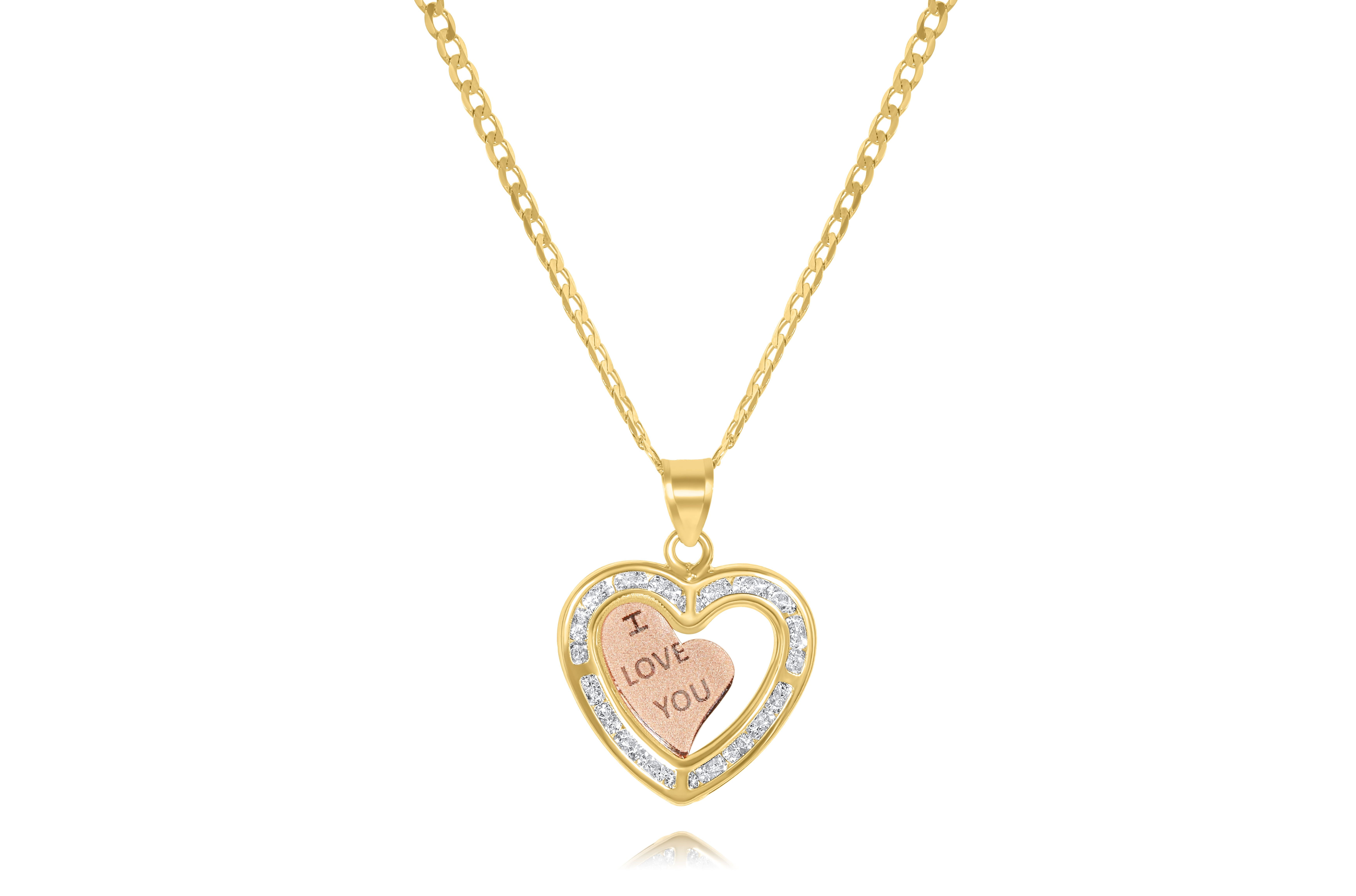 14K Solid Two Tone CZ Gold ¨I LOVE YOU¨ Heart Pendant Necklace