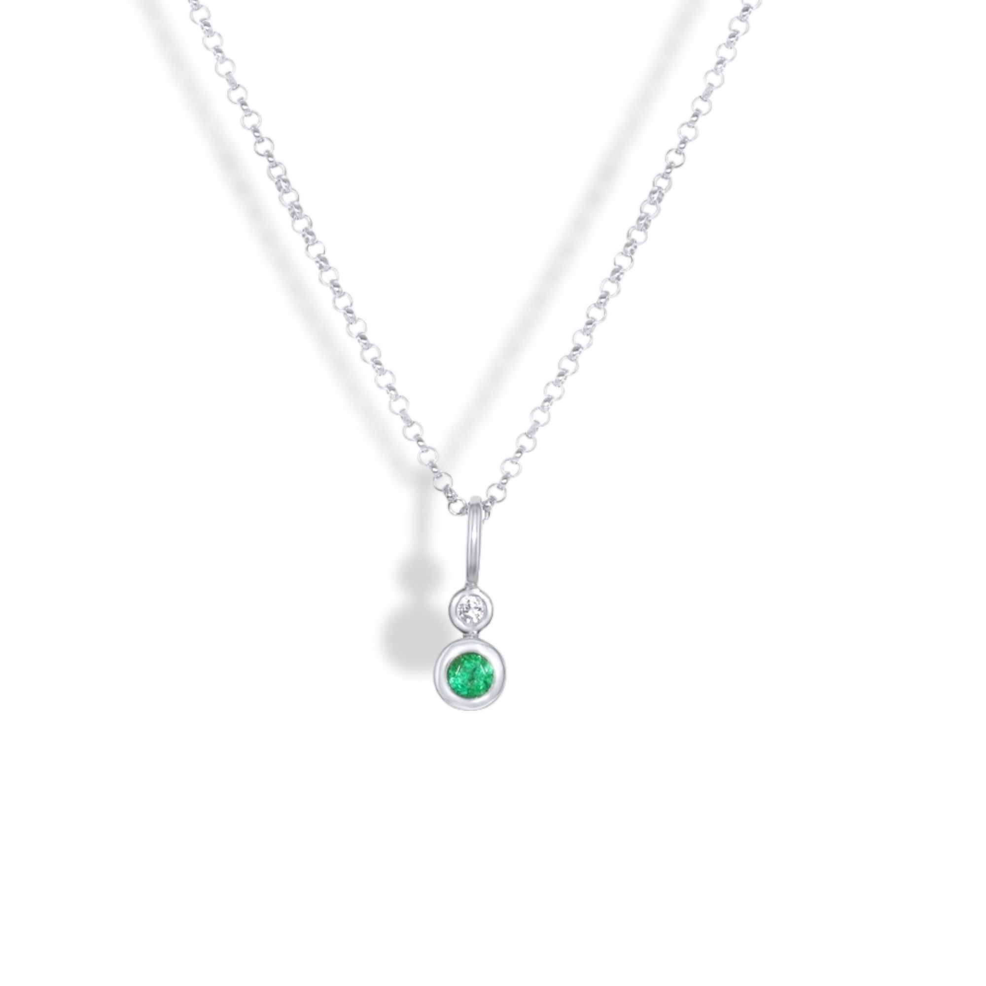 14K WHITE GOLD DIAMOND AND EMERALD DROP CHARM NECKLACE.