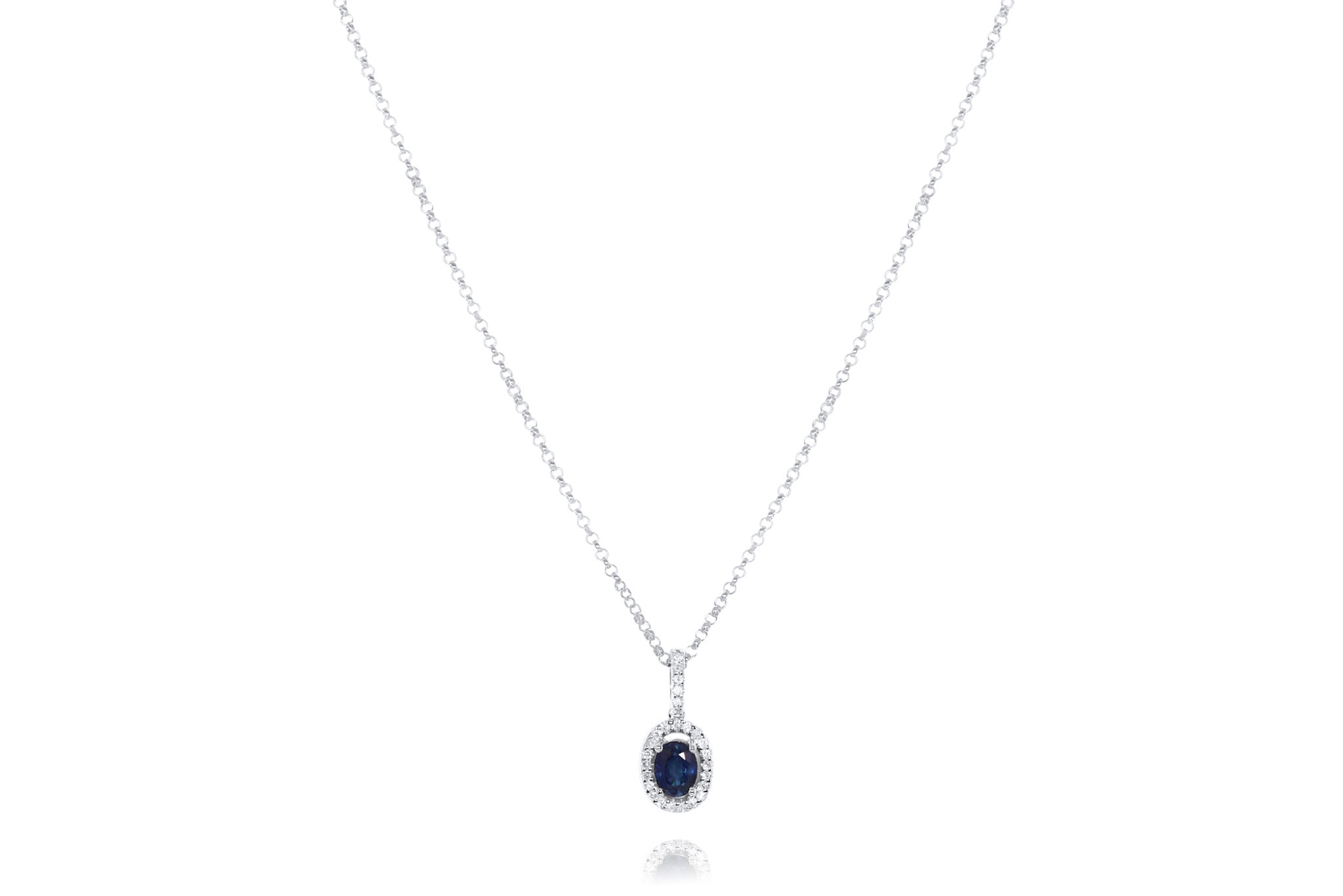 14K WHITE GOLD CLASSIC PEAR PRONG SAPPHIRE AND DIAMOND NECKLACE
