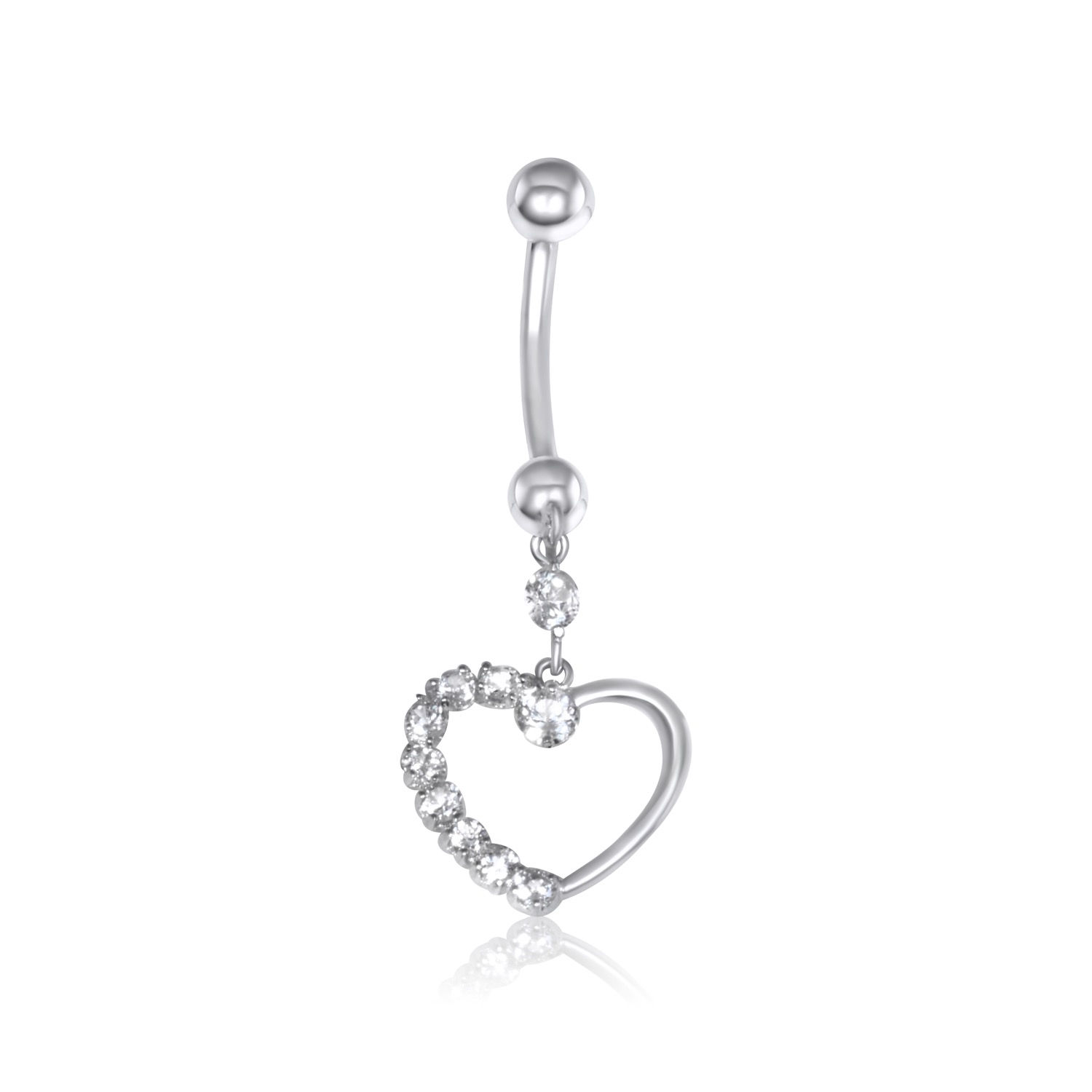Gauge Cubic Zirconia Heart Outline Dangle Belly Button Ring in 14K White Gold