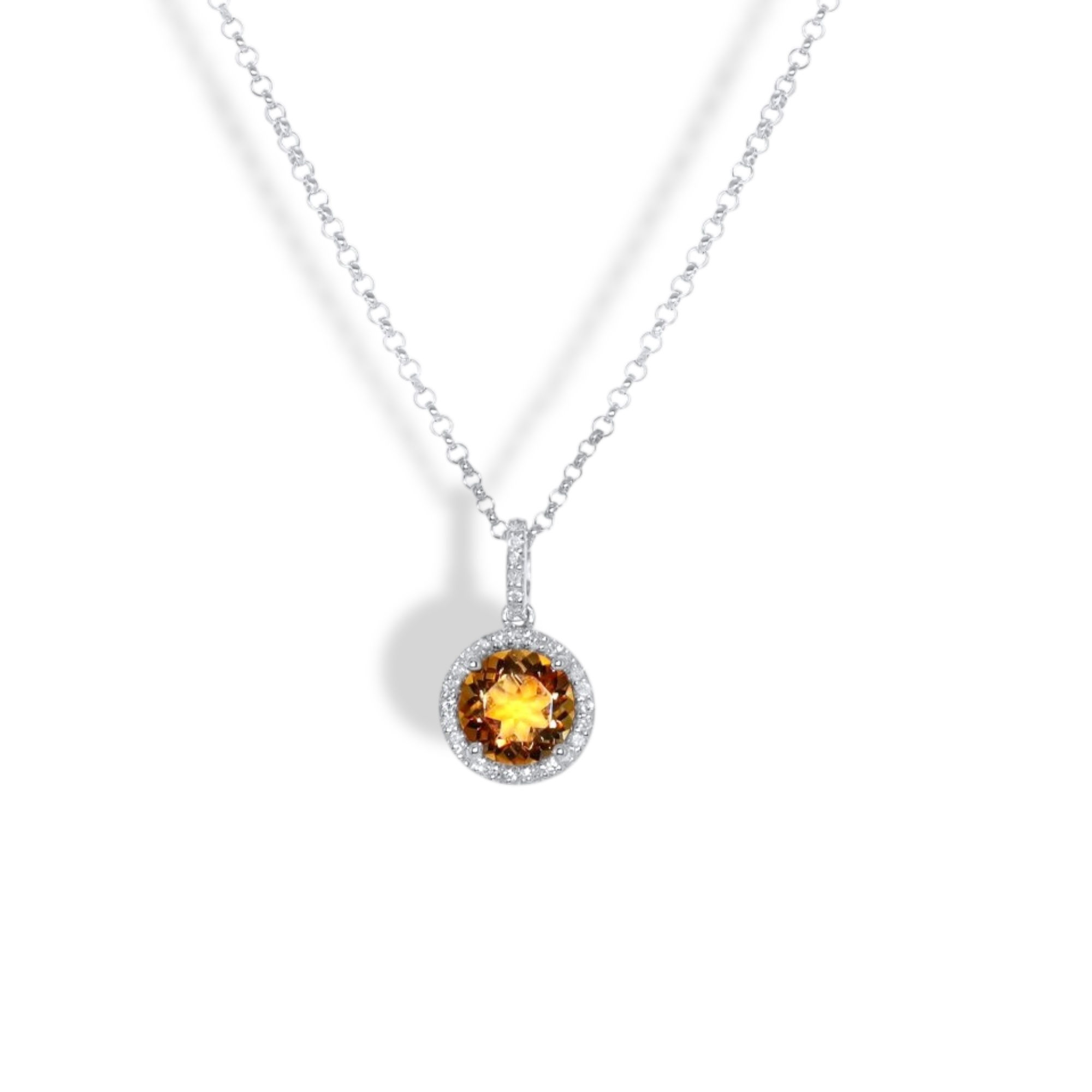 14K WHITE GOLD STUD ROUND PRONG CITRINE AND DIAMOND NECKLACE