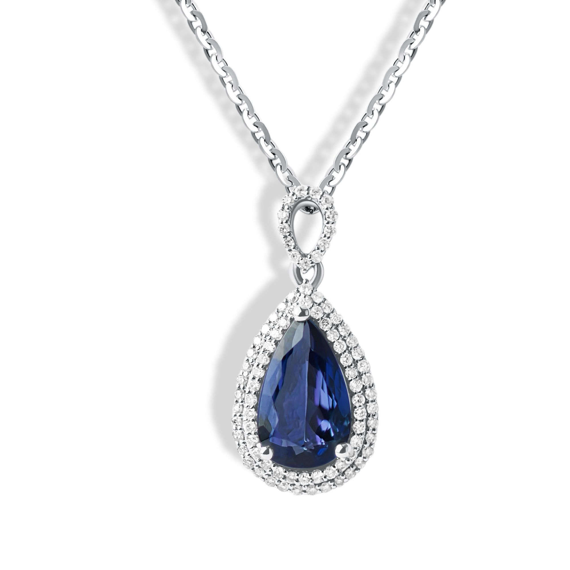 14K White Gold Diamond and Tanzanite Teardrop Pendant Necklace