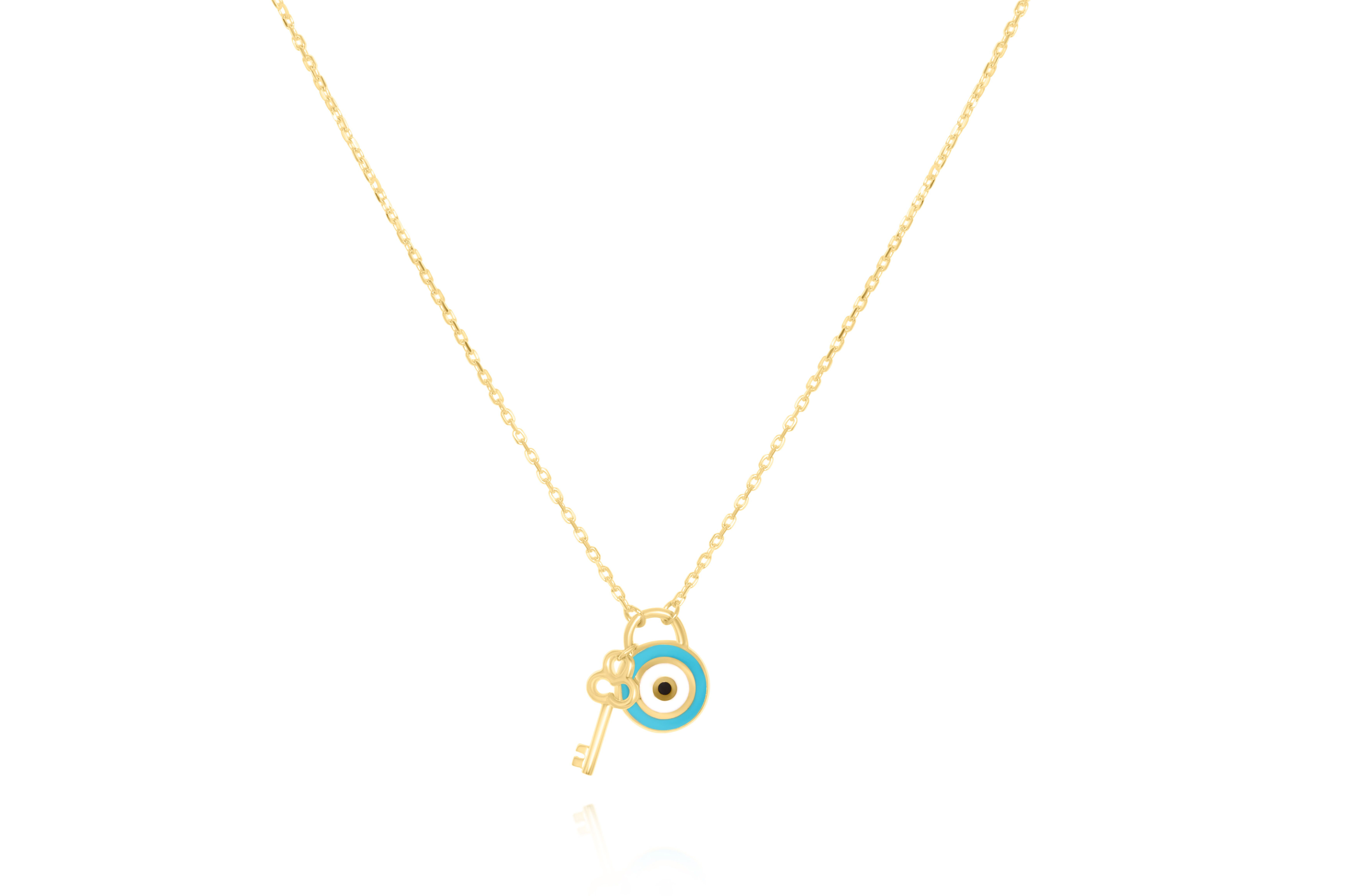 14K YELLOW GOLD EVIL EYE WITH KEY PENDANT NECKLACE