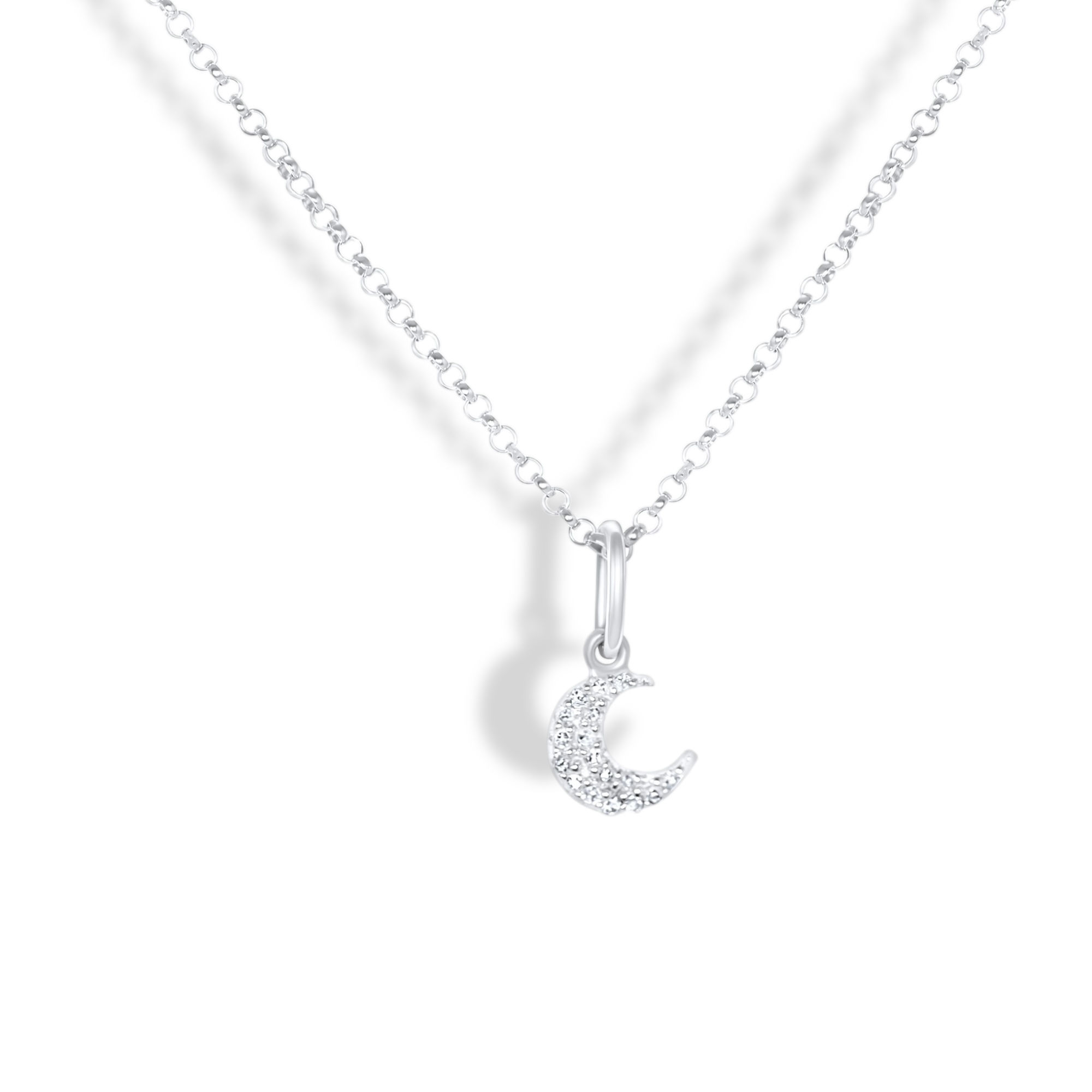 14K WHITE GOLD CRESCENT MOON DIAMOND NECKLACE.