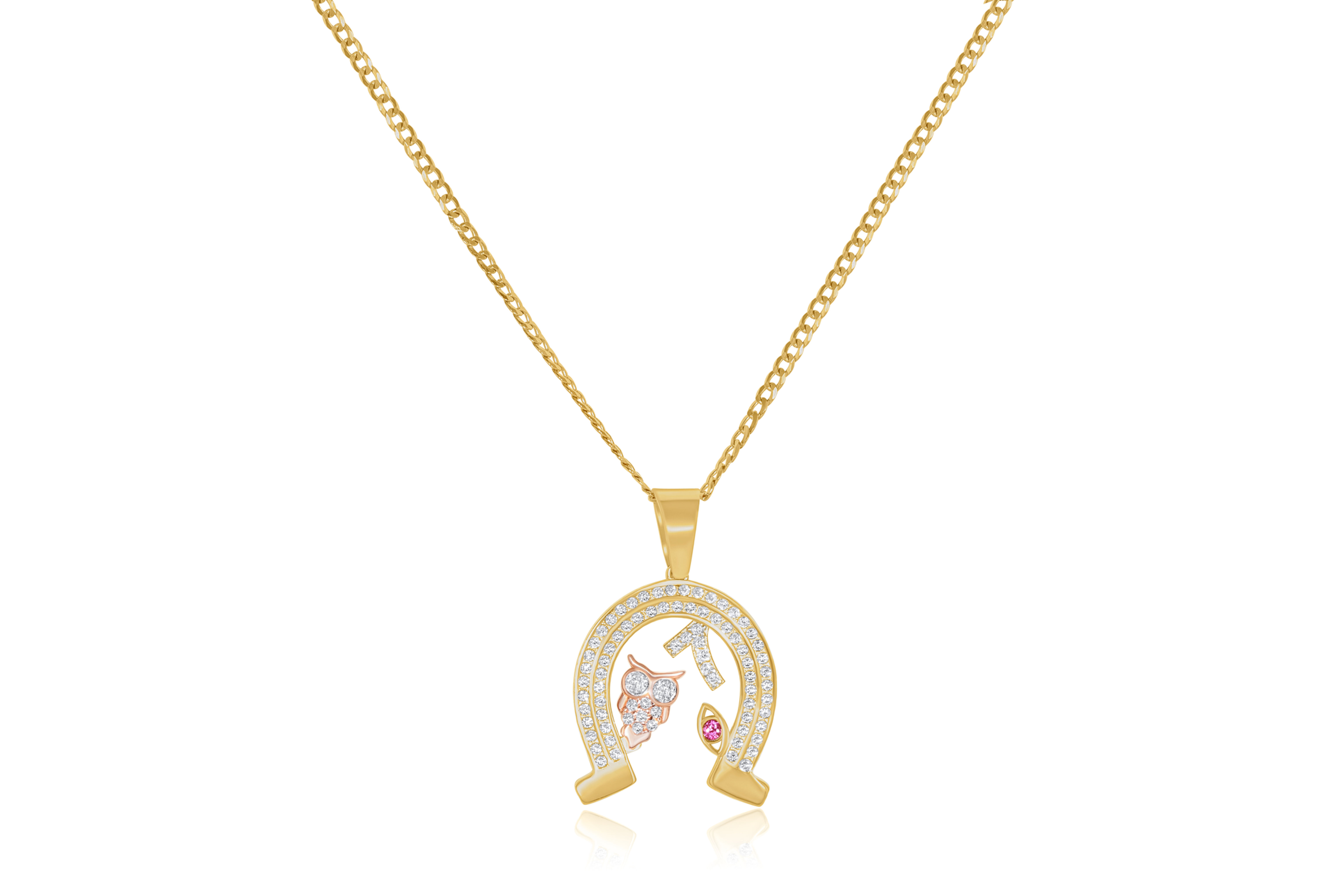 10K TWO TONE GOLD CZ HORSE SHOE LUCKY CHARM PENDANT NECKLACE
