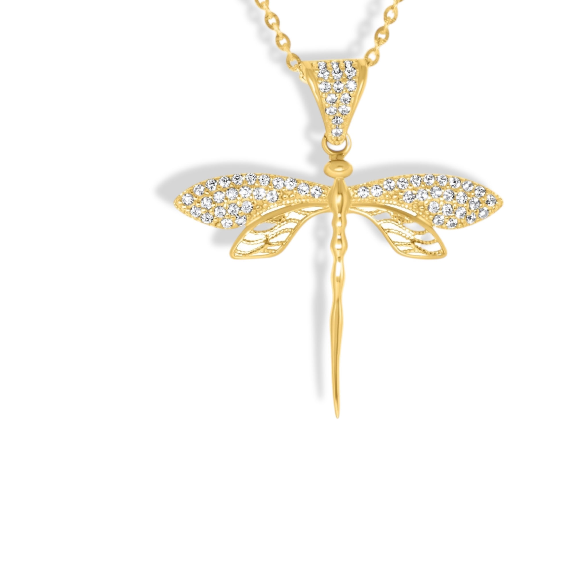 10K Yellow Gold and CZ Dragonfly Pendant Necklace