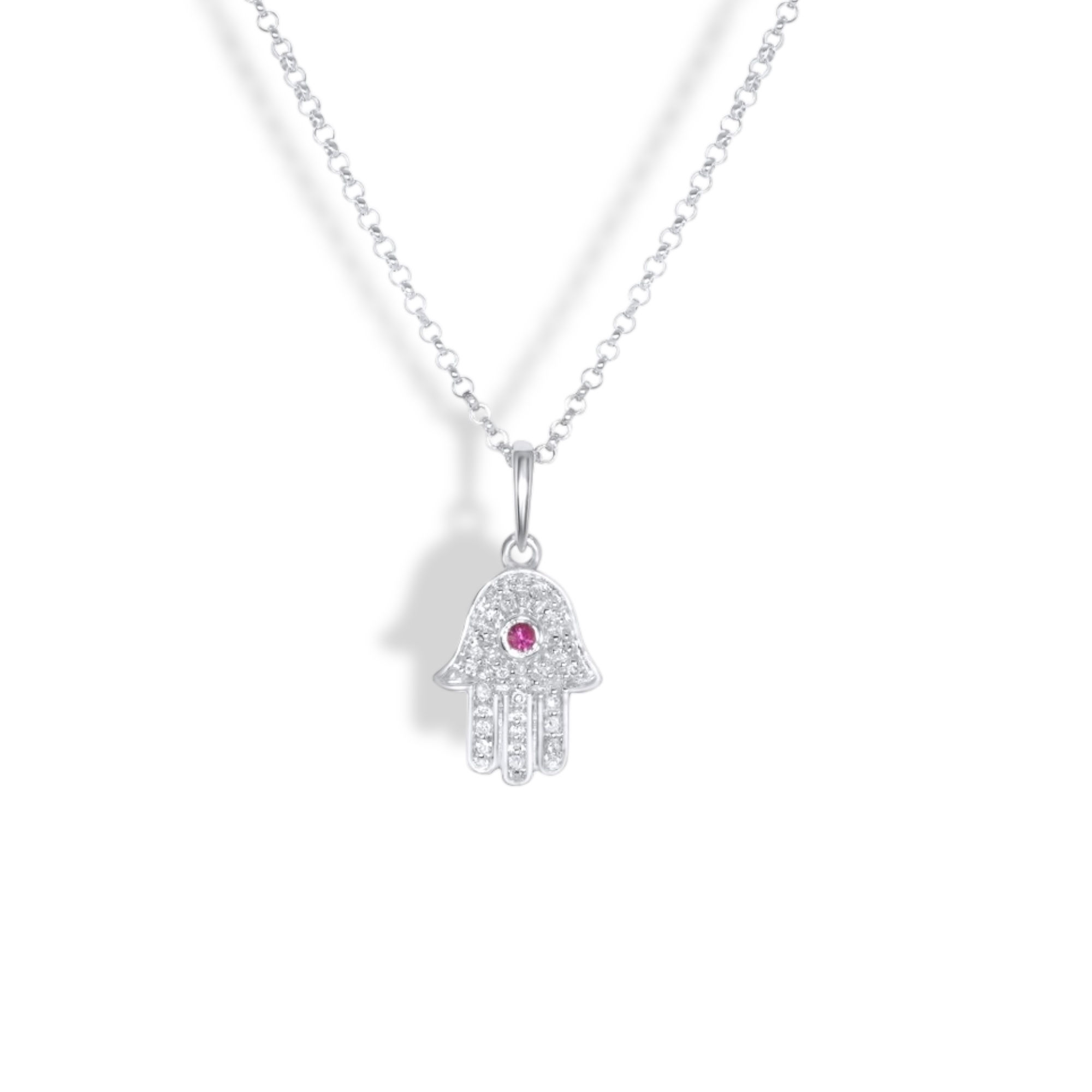 14K WHITE GOLD RUBY AND DIAMOND HAMSA NECKLACE