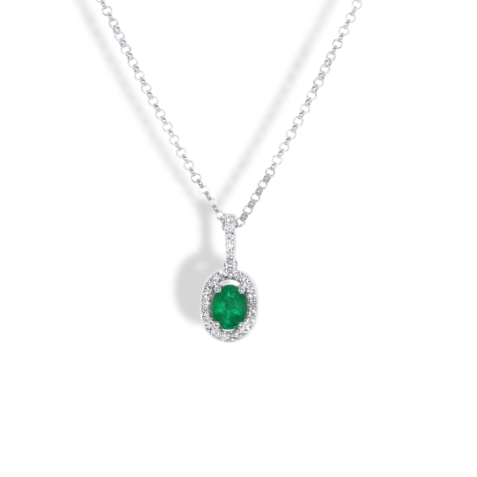 14K WHITE GOLD HALO OVAL PRONG EMERALD AND DIAMOND NECKLACE