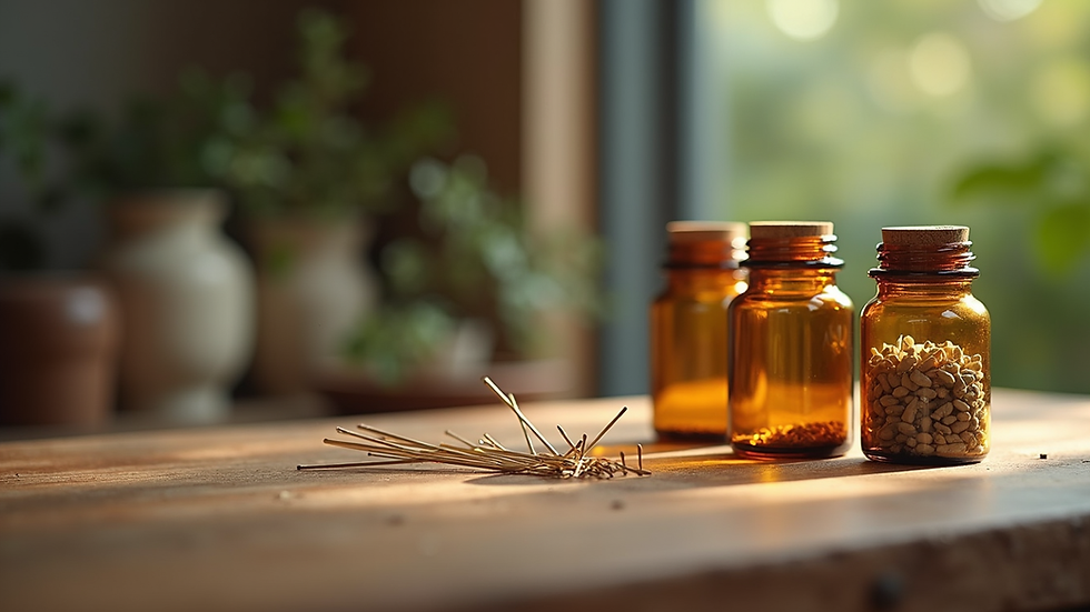 Close-up view of herbal medicine jars and acupuncture needles on a wooden table