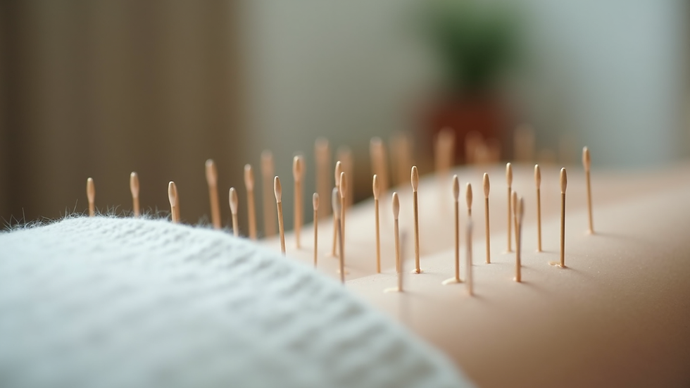 Eye-level view of acupuncture needles placed on a calm treatment table