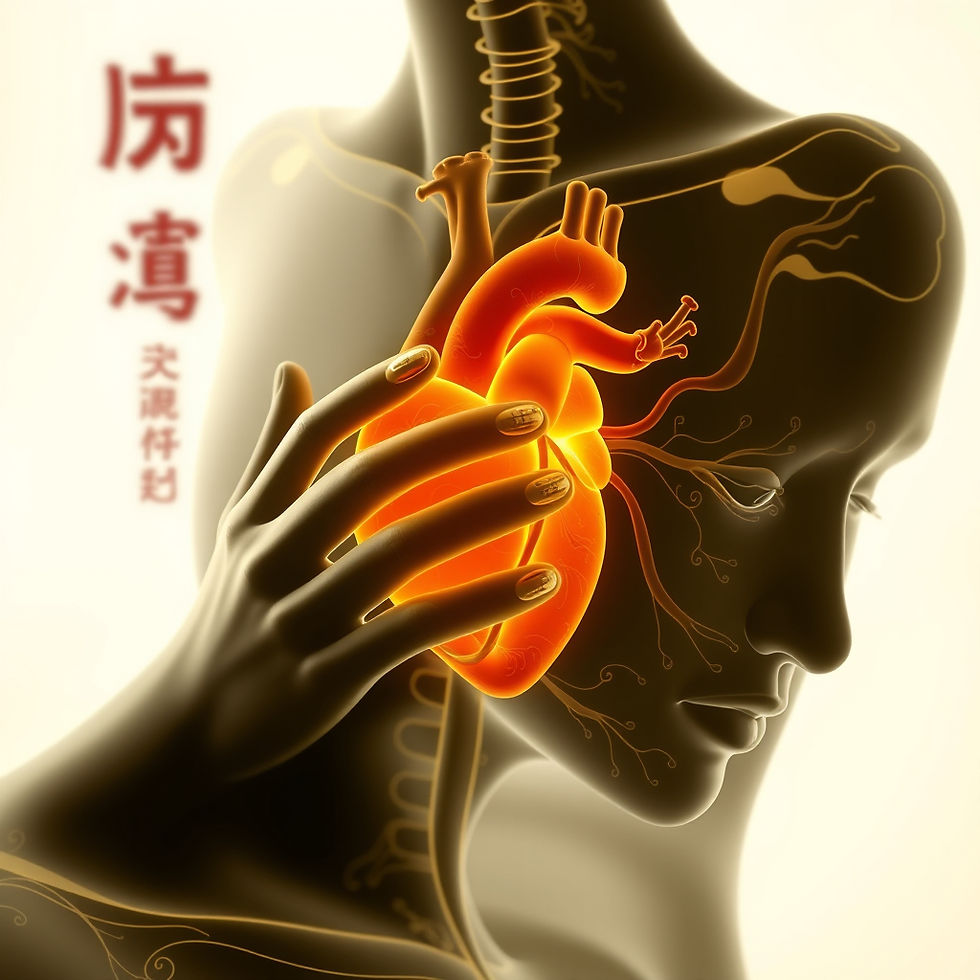 A stylized human figure holds a glowing orange heart against its chest, with intricate vein patterns. Text in red is visible on the left.