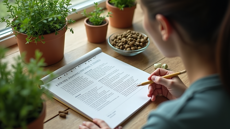 Woman writing on a notepad beside potted plants and a bowl of nuts on a wooden table. Bright, natural light from a window.