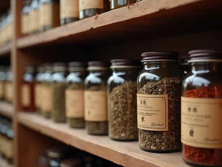 Traditional Chinese Medicine Jars on a Shelf