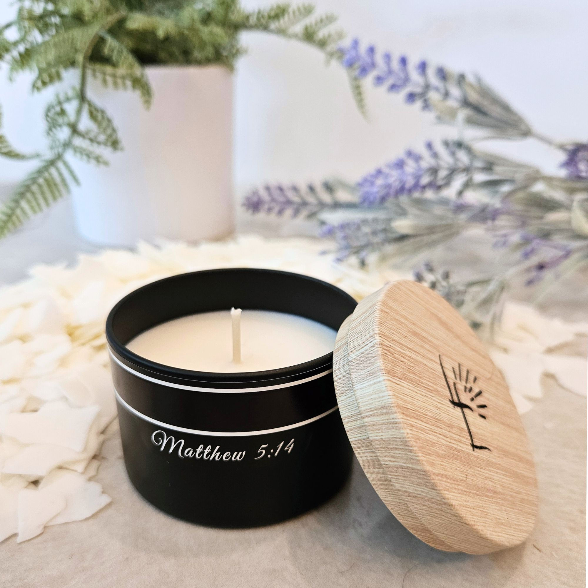 Scented Candle Tin with Matthew 5:14 Bible Verse
