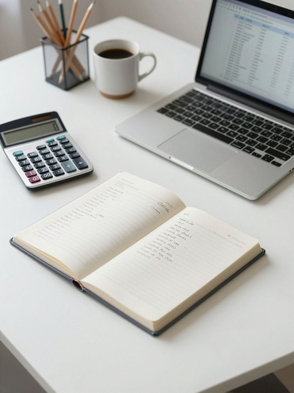 Close-up of a professional desk with financial reports, a calculator, and a laptop used for bookkeeping management.