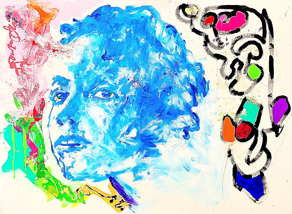 Vibrant abstract painting with explosive blue, red, and yellow brushstrokes on a white background.