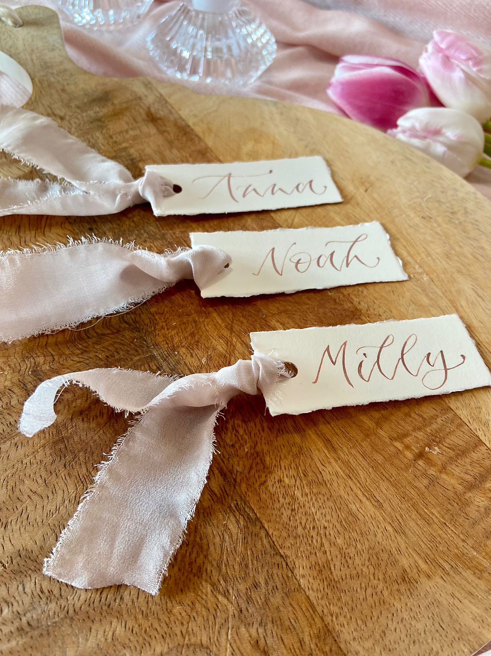 Thumbnail: Deckled Edge Calligraphy Place Cards with Silk Ribbon