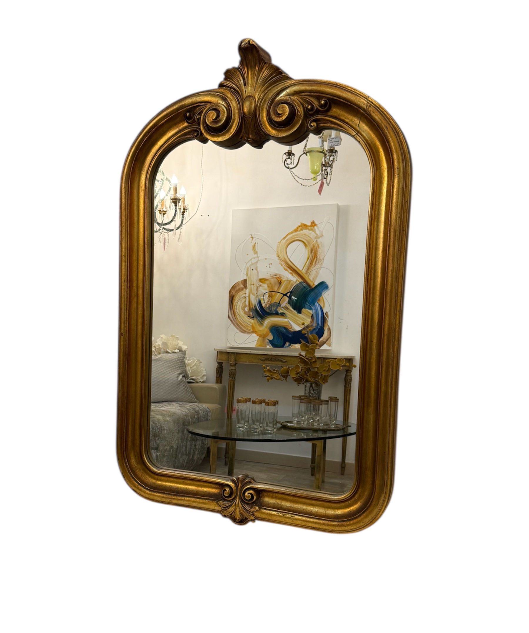 Antique Gilded Wall Mirror with Scroll Crest