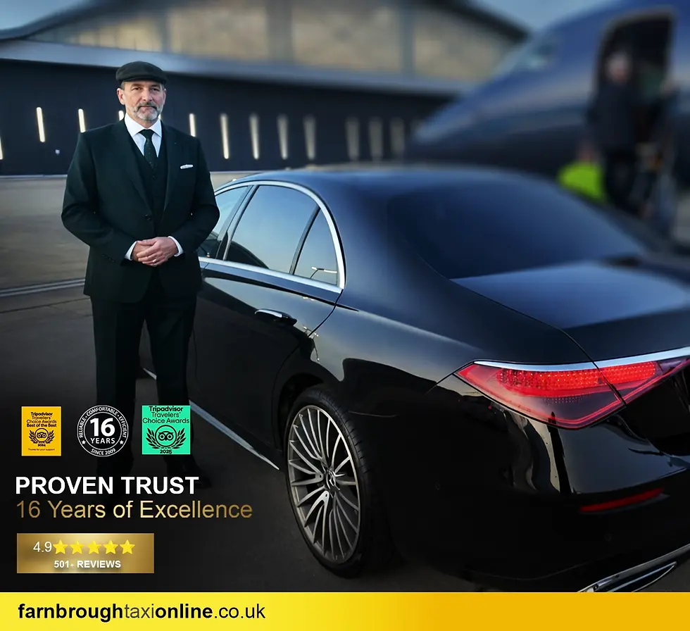 Chauffeur standing next to a black Mercedes-Benz luxury saloon at Farnborough Airport, providing executive transfer and chauffeur driven services for private jet passengers.  A professional chauffeur in formal attire stands beside a black Mercedes-Benz luxury saloon on the Farnborough Airport apron. A private business jet is visible in the background with passengers boarding, indicating an executive airport transfer service. The image represents chauffeur driven services for VIP, corporate, and private aviation clients, reinforced by visual trust indicators including long-standing service awards, five-star reviews, and brand identification for Farnborough Taxi Online.