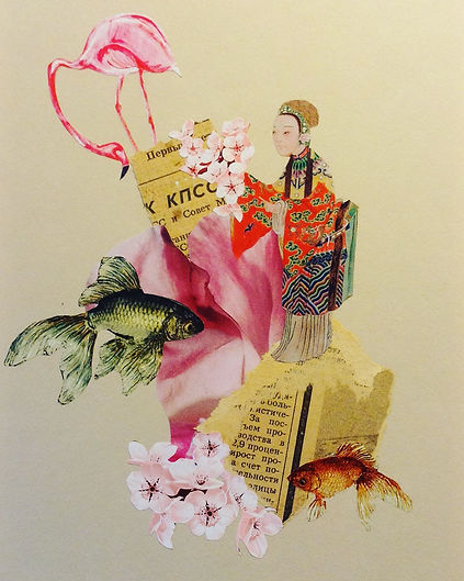 Wu Chinese shaman flamingo fish analogue collage