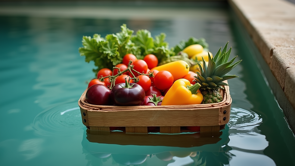 Vue en plongée d'un panier de fruits et légumes frais colorés