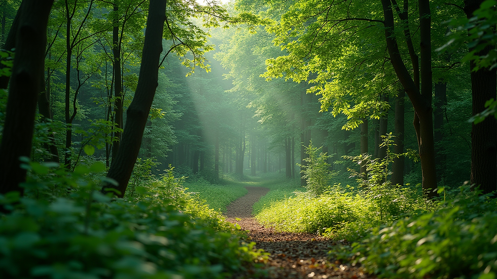 Wide angle view of a lush green forest