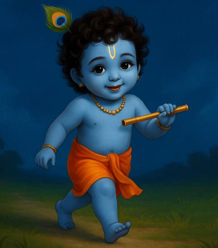 The charming Bal Krishna, depicted as a young child, strolls with a flute in his hand, embodying divine grace