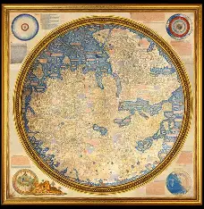 carte étable en 1453 par Fra Mauro et Andrea Bianco à la demande du roi du Portugal, orientée au sud comme les expéditions portugaises destinées à contourner l'Afrique et rejoindre les Indes, la route de l'est étant désormais verrouillée par l'empire ottoman