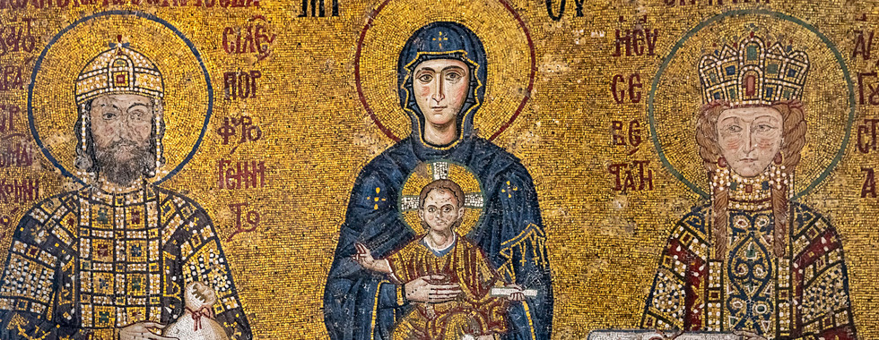 Byzantine mosaic inside Hagia Sophia depicting Virgin Mary holding Jesus, flanked by two royals