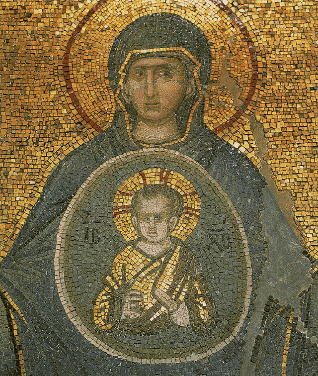 Mosaic of the Virgin and Child (Theotokos) set against a golden background, Kariye Mosque.